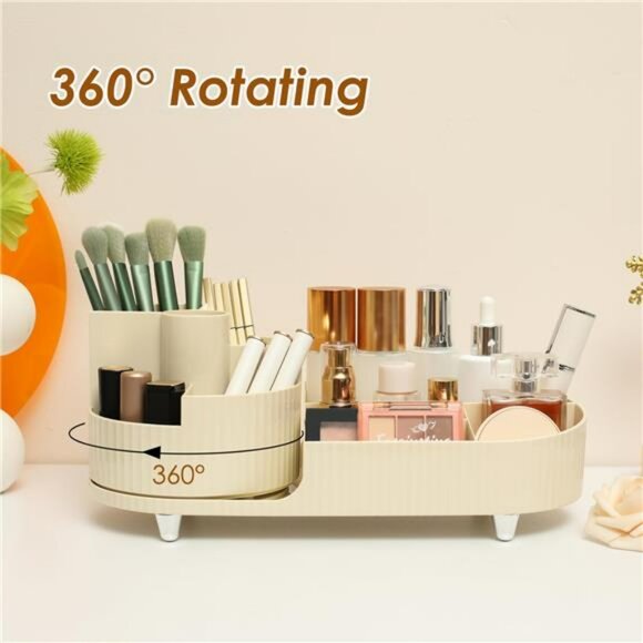 Rotating Makeup Organizer Countertop Storage Tray Brush Holder Vanity Case - Picture 3 of 7